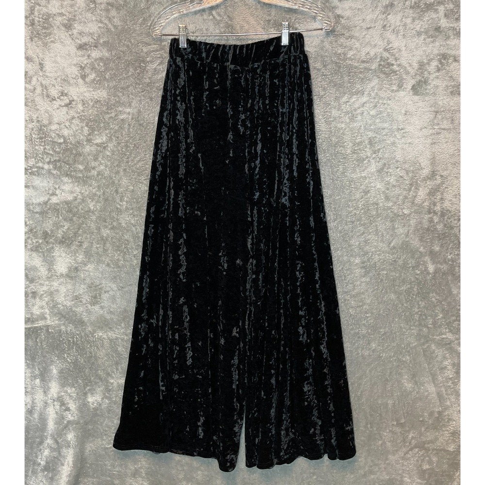 Womens M Black Crushed Velvet Super Wide Leg Palazzo Pants Gothic Boho Luxe